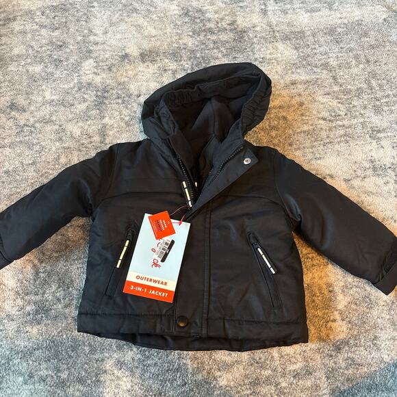 Cat and Jack 3 in 1 Jacket Boys 12 Months Black Fleece Warm Winter Coat NEW - Picture 1 of 5